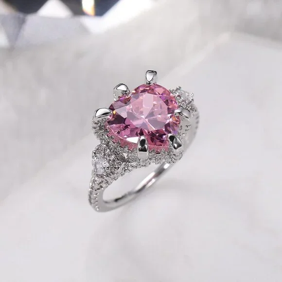 ▶Pink Heart CZ Anillos Shiny Diamonds Silver Plated Heart Ring for Women, L117